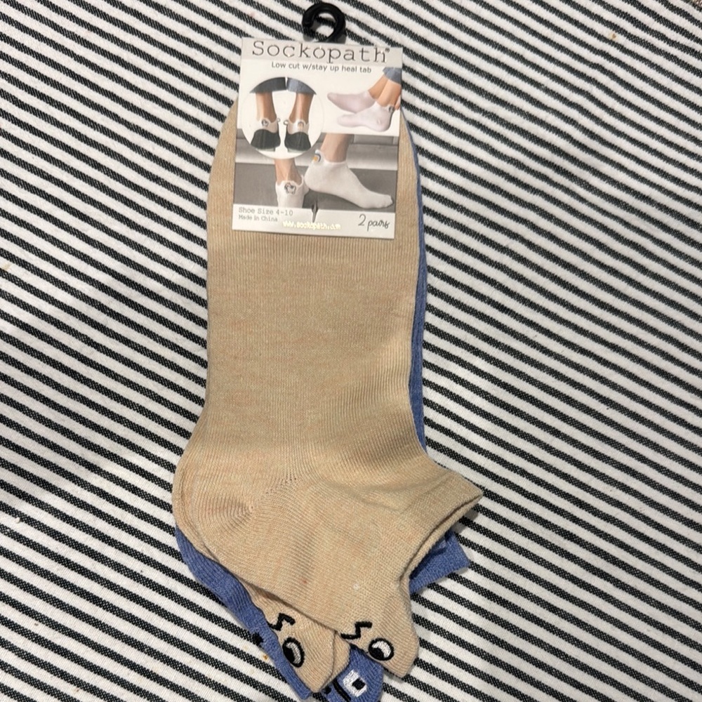 New women’s Sockopath 2pk low cut w/expressions stay up heel tabs sz 4-10